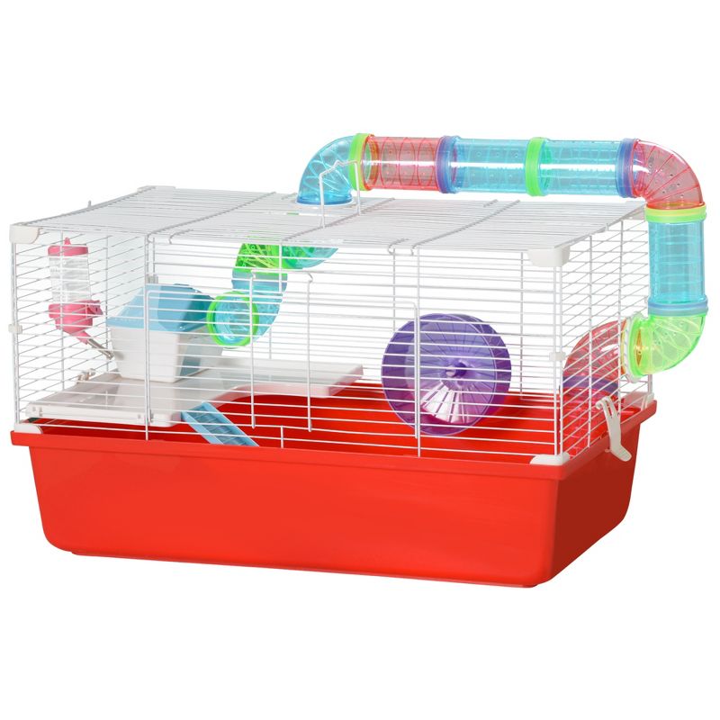PawHut Exercise Large Hamster Cage with Tubes and Tunnels, 2-Level Steel Rat Cage, Small Animal House, Includes Exercise Wheel, Hut, Water Bottle, Red, 4 of 7