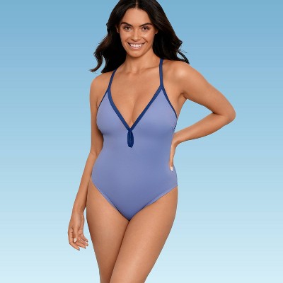 Women's Slimming Control V-Neck One Piece Swimsuit - Beach Betty by Miracle Brands Blue