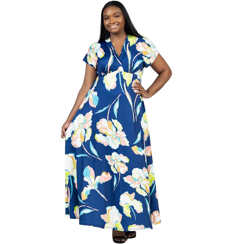 24seven Comfort Apparel Plus Size Navy Floral Print V Neck Empire Waist Cap Sleeve Maxi Dress, 4 of 7
