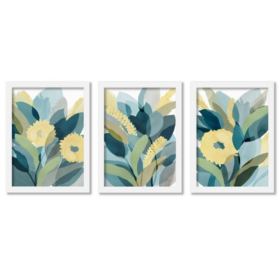 (set Of 3) Yellow Teal Floral By Pi Creative Art White Framed Triptych ...