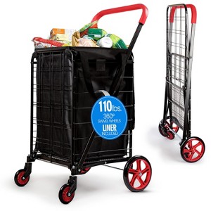 SereneLife Heavy Duty Foldable Shopping Cart with Removable Cart Liner - Red - 1 of 4