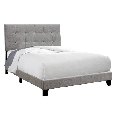 Monarch Specialties Bed Full Size Platform Bedroom Frame Upholstered Linen Look Wood Legs Grey Transitional