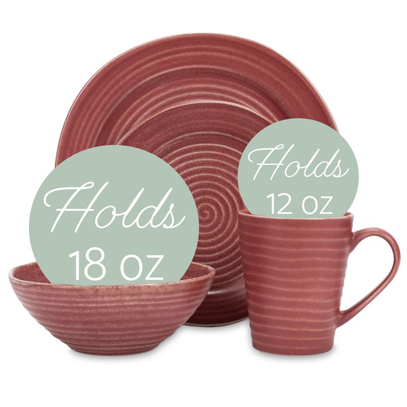 Elanze Designs Chic Ribbed Modern Thrown Pottery Look Ceramic Stoneware Plate Mug & Bowl Kitchen Dinnerware 16 Piece Set - Service for 4, Red, 2 of 7