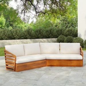 Christopher Knight Home Rugar 4-Seater Patio Acacia Wood V-Shaped Sectional Sofa with Thick Cushions - 1 of 4