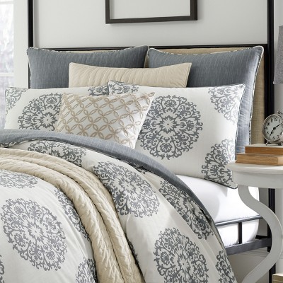 Full/Queen Gray Cotton Medallion Duvet Cover Set