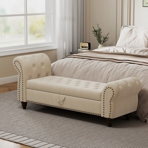 GDFStudio Archibald Modern 64.5" Wood and velvet Button-Tufted Upholstered Storage Bench with Nail Accent - 1 of 4