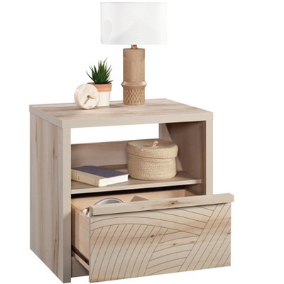 Vynxaria Modern Rustic Nightstand - Brown Finish, Large Drawer (Metal Runners), Open Shelf, Unique Wave Pattern, T-Lock Assembly
