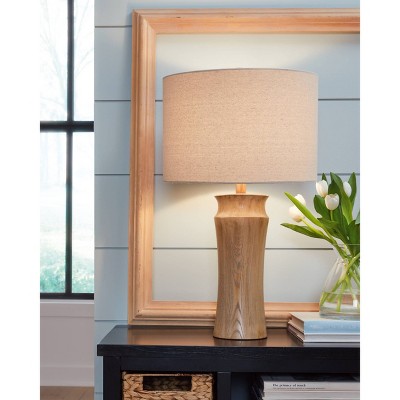 Beige and Brown Resin Table Lamps with Drum Shade, Set of 2