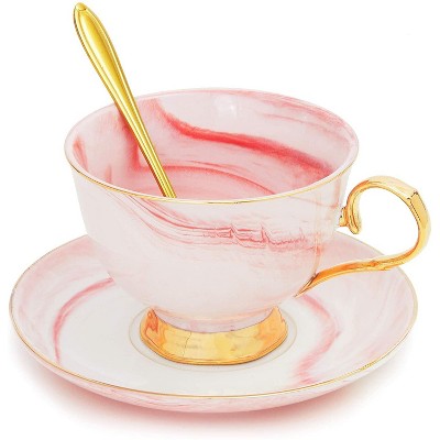 Juvale 3 Pieces Pink Tea Cup Gift Set with Gold Blossom Spoon and Saucer (7 Oz)