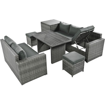 XINGHANZHENXUAN Beige Outdoor 6-Piece Wicker Sectional Set with Adjustable Backrest, Storage Bench, Cushions, and Glass Coffee Table