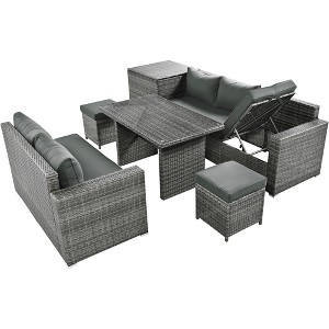 XINGHANZHENXUAN Beige Outdoor 6-Piece Wicker Sectional Set with Adjustable Backrest, Storage Bench, Cushions, and Glass Coffee Table - 1 of 4