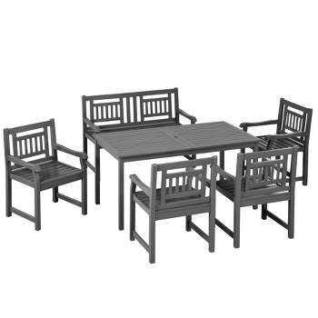 Outsunny 6 Piece Patio Dining Set, Outdoor Poplar Wood Furniture Set, Umbrella Hole Table and Chairs with Bench, Dark Gray