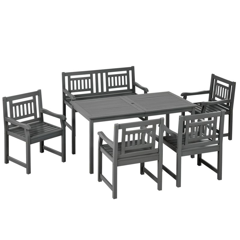 Outsunny 6 Piece Patio Dining Set, Outdoor Poplar Wood Furniture Set, Umbrella Hole Table and Chairs with Bench, Dark Gray, 1 of 8