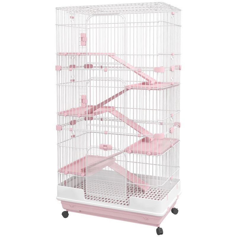 PawHut 32"L 6-Level Small Animal Cage Rabbit Hutch with Universal Lockable Wheels, Slide-out Tray for Bunny, Chinchillas, Ferret, 5 of 10