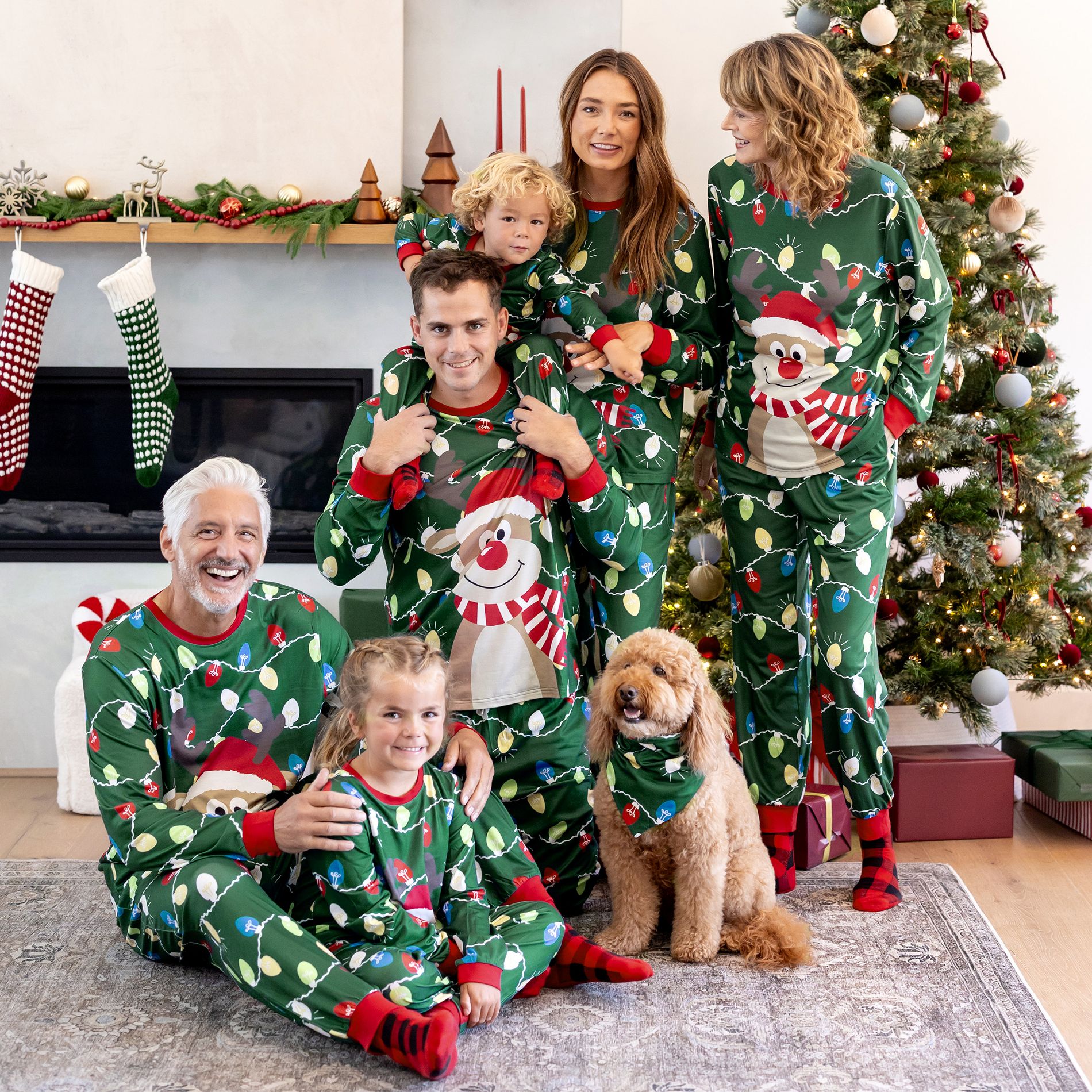 Christmas Matching Family Pajamas Set Reindeer Green Print PJS with Christmas Socks Green