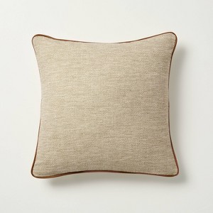18"x18" Tweed with Faux Leather Trim Square Toss Pillow Green - Hearth & Hand™ with Magnolia - 1 of 4