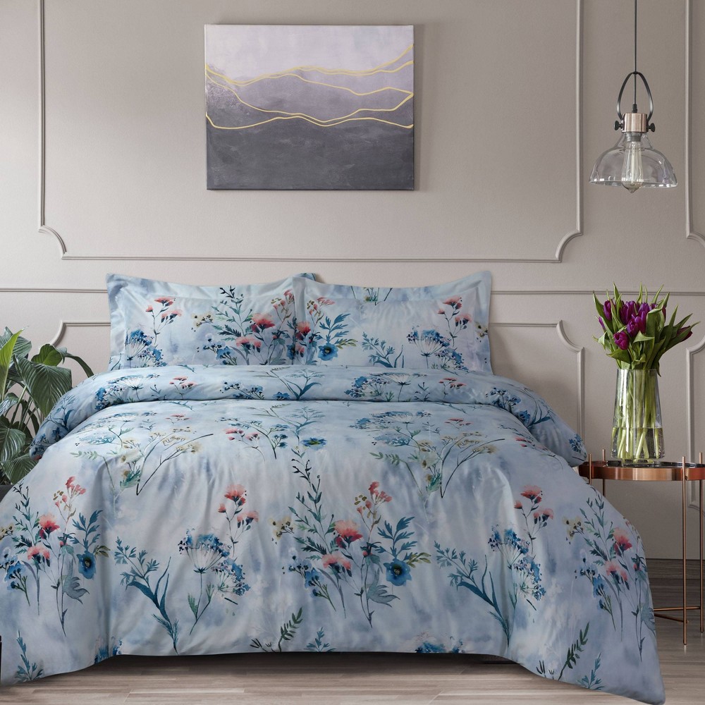 King Iris Digital Printed Oversized Velvet Duvet Cover Set Soft Blue