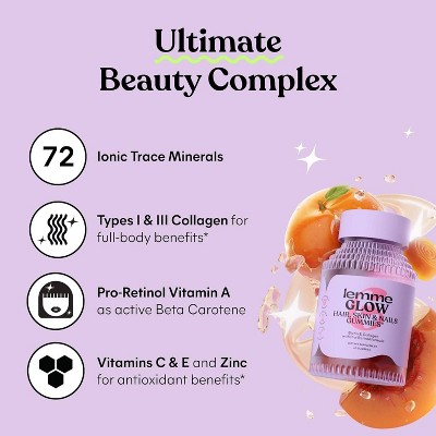 Lemme Glow Collagen Gummies - Hair, Skin & Nail Support - Biotin, Collagen, Trace Minerals & Vitamins - Peach Flavored - 60ct