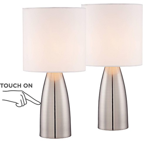 360 Lighting Modern Table Lamps Set of 2 with USB Port LED Touch on Off Silver White Drum Shade for Living Room Bedroom Family