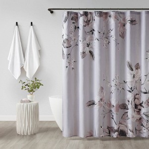 Madison Park Astrid Print Modern Natural Cotton Shower Curtain Lilac Purple: Botanical Design, Easy Care, Machine Washable - 1 of 4