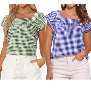 INSPIRE CHIC Women's Summer Square Neck Gingham Cap Sleeve Blouses 2 Packs - 1 of 4