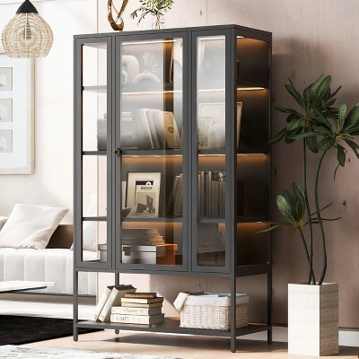 VYNXARIA 67.25" Tall Iron Display Cabinet with Glass Door & LED Lights,3-Sided Steel Curio for Collectibles, Trophies,Home Office,Playroom,Black
