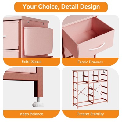 12 Dresser for Bedroom, Chest of Drawers for Bedroom with Side Pockets and Hooks, Fabric Storage Dresser, Sturdy Steel Frame, Wood Top