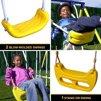 Blue and Yellow Metal Swing Set with Slide and Glider