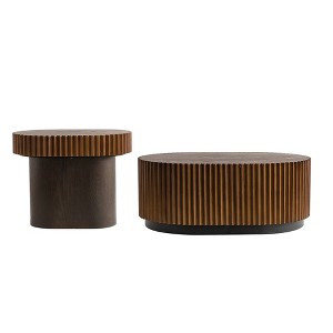 CLIHOME Set of 2 Handcraft Round Nesting Coffee Table, Chic Wave Stripe Edge, Modern Stylish Wooden Circle Fluted Center Table - 1 of 4