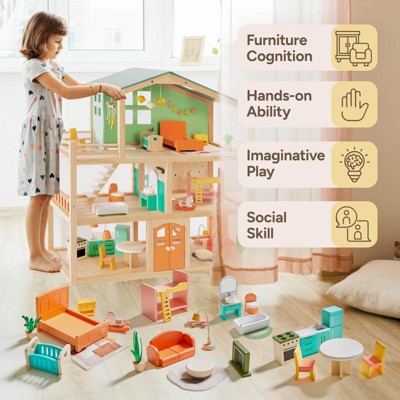 Etokfoks 26 Pcs Large Wooden Dollhouse Furniture Set for Kitchen Living Room Bedroom Bathroom Babyroom Kids Toy Accessories — фото 2
