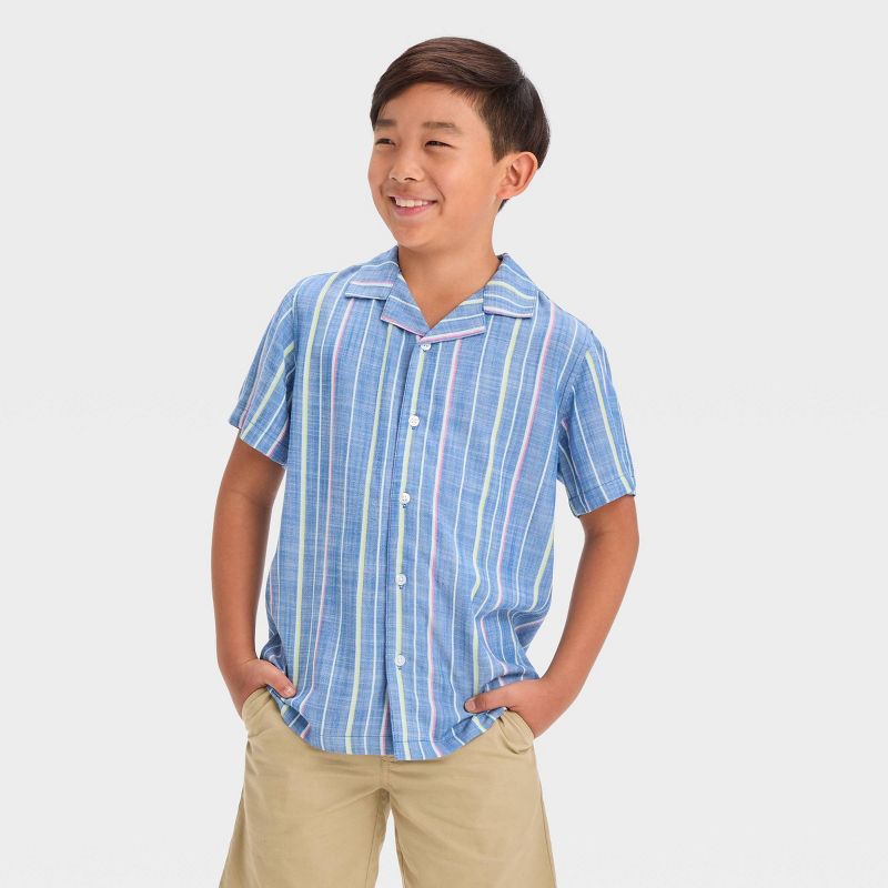 Boys' Short Sleeve Striped Button-Down Shirt - Cat & Jack™ Blue, 1 of 8