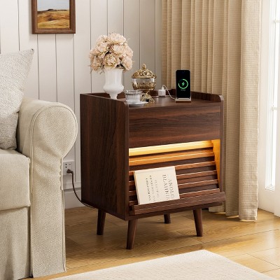 WOWLIVE Wooden Nightstand with 2 Drawers, Modern Bedside Table with Outlets & LED Lights, File Cabinet