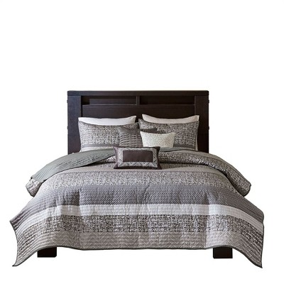 Full/Queen Grey and Taupe Reversible Jacquard Quilt Set