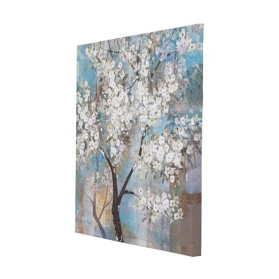 White Blossom Tree Painting on Canvas with Teal and Tan Accents