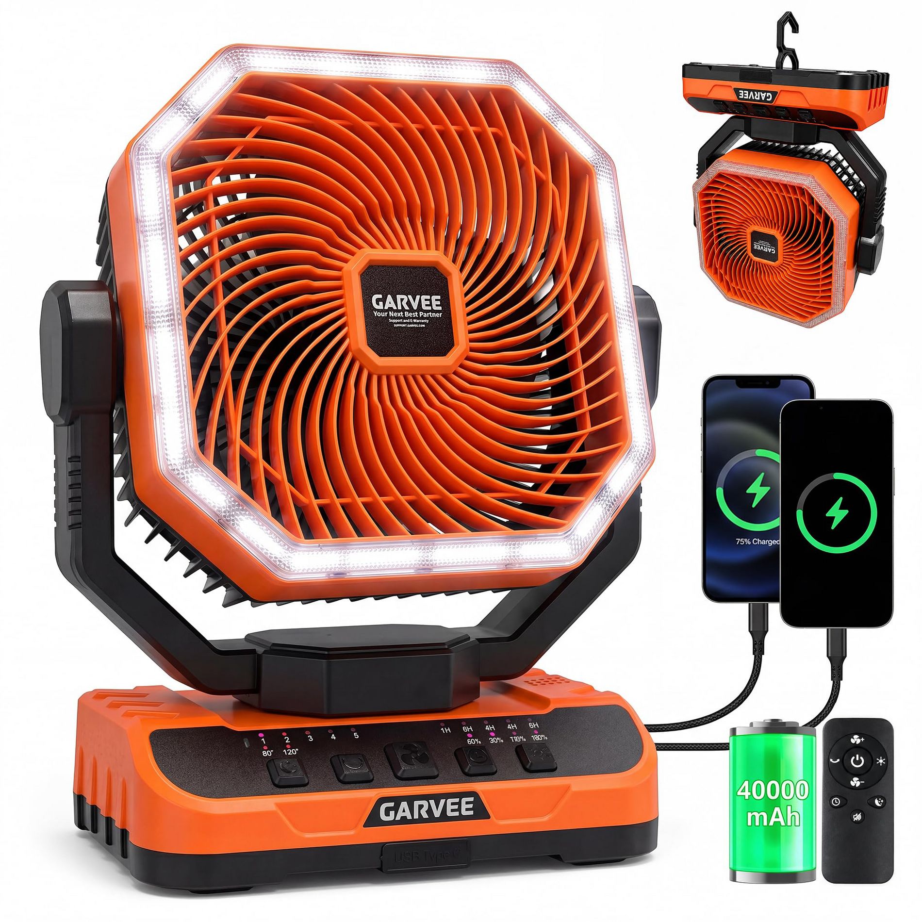 Portable Camping Fan 40000mAh Rechargeable Battery with Remote Timer LED Light 5 Speeds Oscillating for Tent RV Travel