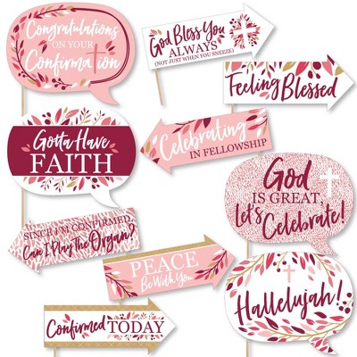 Big Dot of Happiness Funny Confirmation Pink Elegant Cross - Girl Religious Party Photo Booth Props Kit - 10 Piece