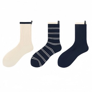Anna-Kaci Women's Minimalist Stripe Crew Socks 3-Pack Ribbed and Patterned Design in Neutral Tones - 1 of 4