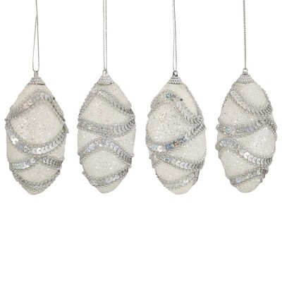 Northlight 4ct Holographic Sequined and Beaded Shatterproof Christmas Finial Ornament Set 4.5" - White/Silver