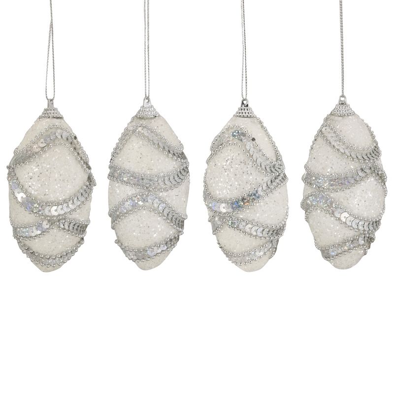 Northlight 4ct Holographic Sequined and Beaded Shatterproof Christmas Finial Ornament Set 4.5" - White/Silver, 1 of 5