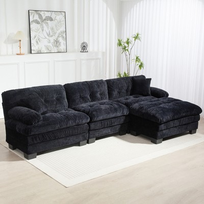 120.87" Chenille L-Shaped Modular Sectional Sofa with Deep Seating, Ottoman, Dual-Layer Cushions & Pillows