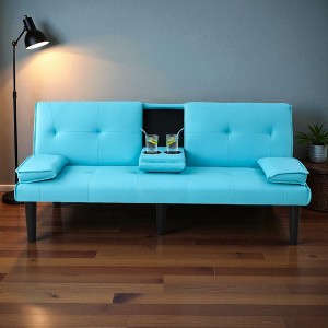 67" Convertible Sofa Bed with Foldable Backrest and Cup Holders, 2-Seater PVC Upholstered Sleeper Couch for Living Room or Office - 1 of 4