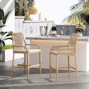 Outdoor Bar Stools Set of 2, Aluminum Rattan Barstools with Removable Cushion - 1 of 4