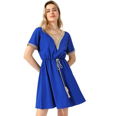 Allegra K Women's Crochet Trim V Neck Short Sleeve Casual Summer Mini Dresses  Royal Blue Small : Target