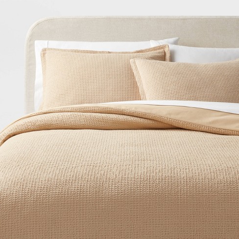 Twin twin Extra Long Washed Waffle Weave Duvet Cover And Sham Set Wheat Threshold Cotton Oeko tex Certified Button Closure Target