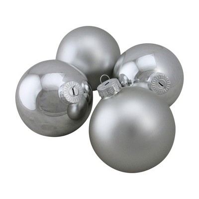 Northlight 4ct Shiny and Matte Silver Christmas Glass Ball Ornaments 4" (100mm)