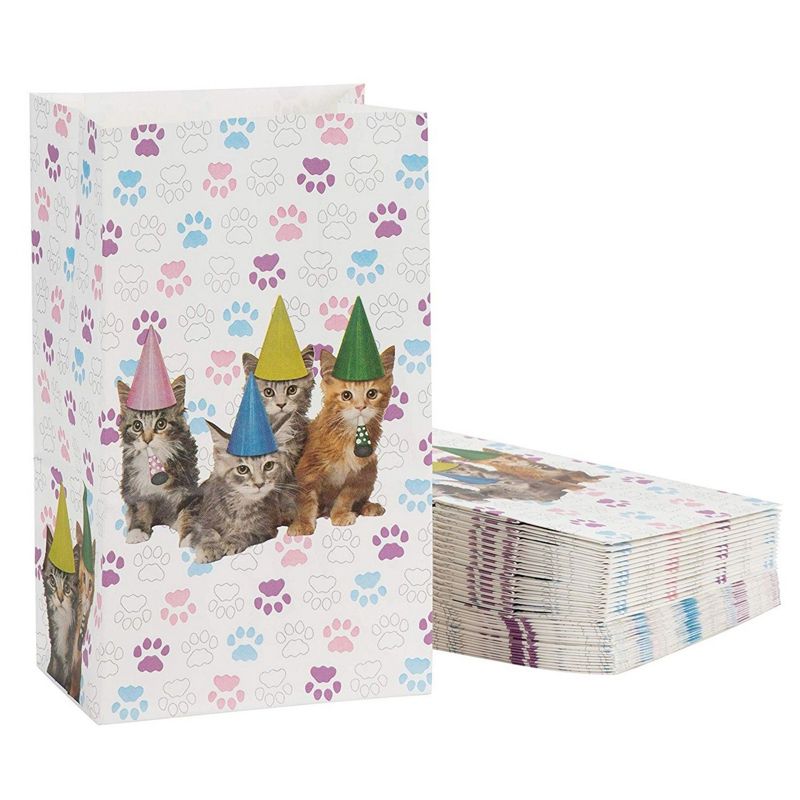 Cat Party Favor Bags - 36-Pack Cat Birthday Pet Party Supplies, Small Paper Gift Bags for Goodies, Cats and Paws Design, 5.1 x 8.7 x 3.2 inches, 1 of 5