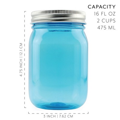 Retro Blue Plastic Mason Jars with Silver Lids, 16oz Set of 8