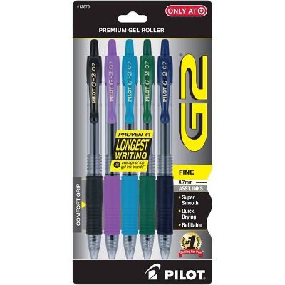 Pilot 5ct G2 Gel Pens Fine Point 0.7mm Assorted Inks: Retractable Colored Pens with Rubber Grip, Purple, Green, Blue, Black