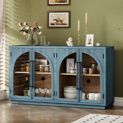 JUJABU 4-Door Sideboard Cabinet with Arched Glass Panels, Adjustable Shelves and Ample Storage for Kitchen, Dining Room or Living Room