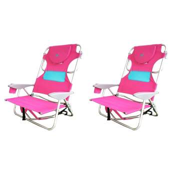 Ostrich Outdoor Beach Ladies Comfort On-Your-Back Adjustable & Portable Beach Chair with Backpack Straps and Cup Holder, Pink (2 Pack)